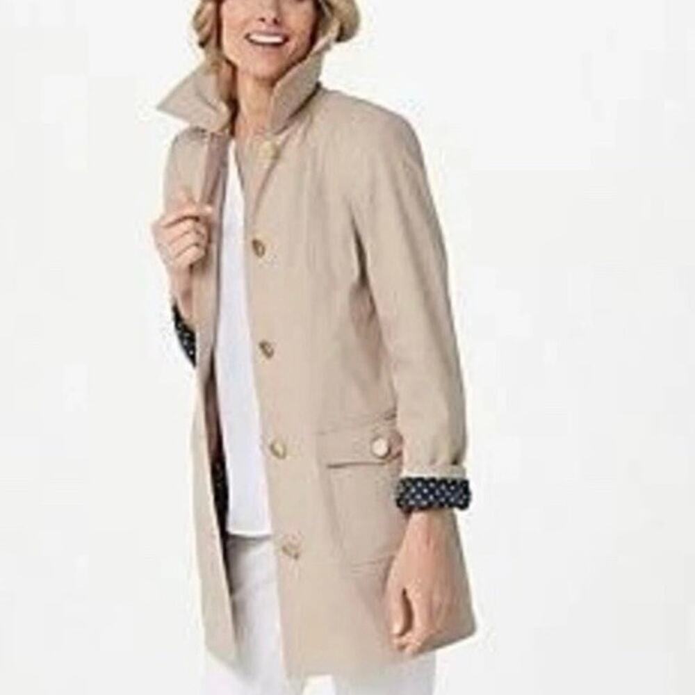 Dennis Basso Rain Coat Tan Gold Button Front Polka Dot Lined Trench Coat Size S
